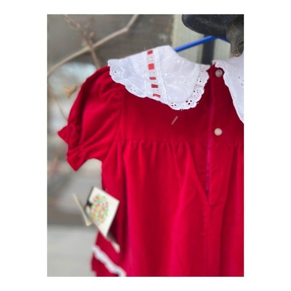 Vintage 80s Deadstock TUTTI FRUTTI Red Velvet White Eyelet Lace Dress Sz 2 - Picture 4 of 9